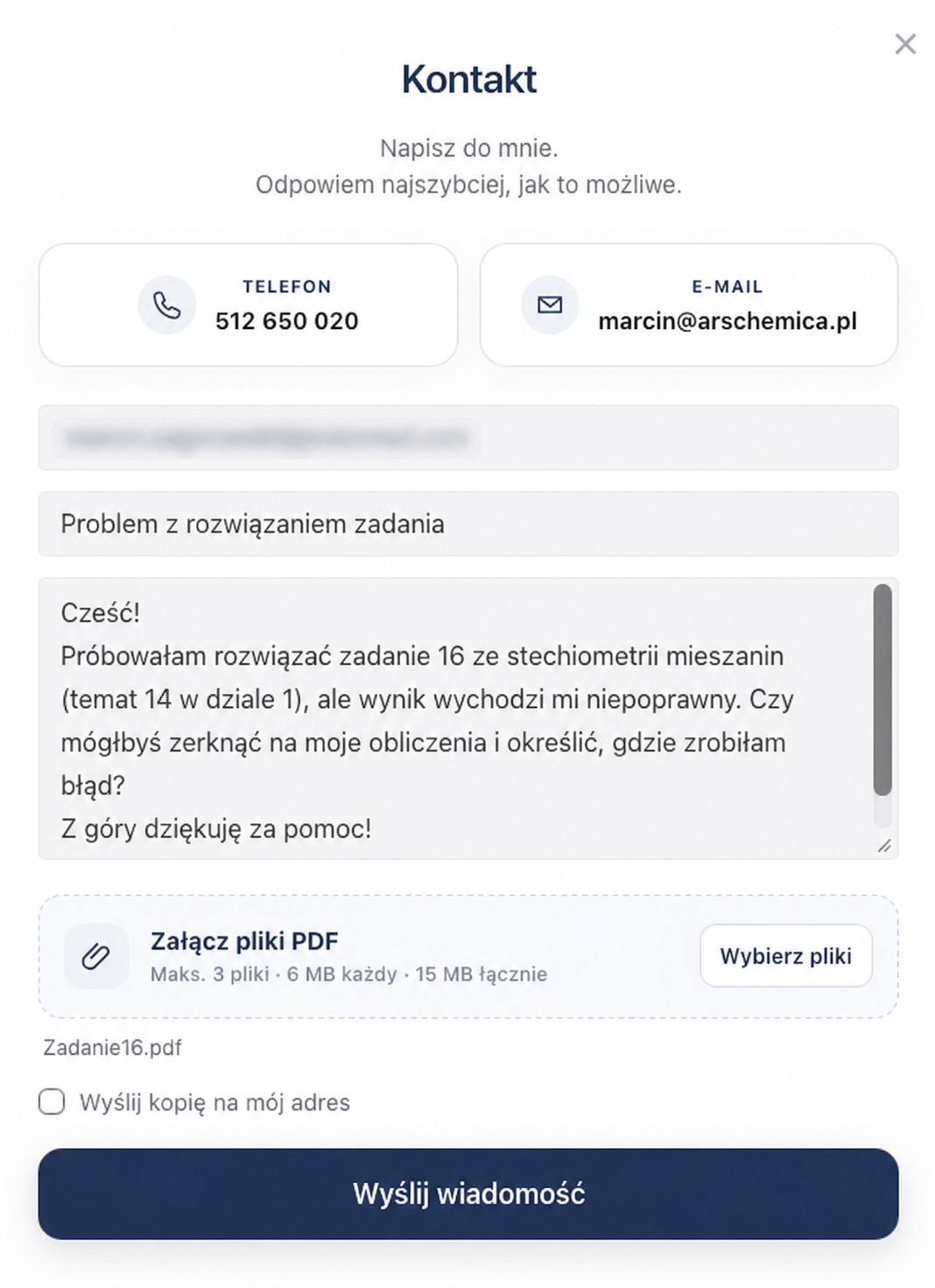 Formularz kontaktowy Ars Chemica do przesyłania pytań i rozwiązań
